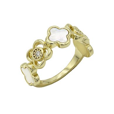 City Luxe Gold Tone Mother-of-Pearl & Cubic Zirconia Clover Ring
