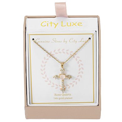 City Luxe Rose Quartz Cross Pendant Necklace