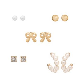 LC Lauren Conrad Gold Tone Simulated Pearl & Bows 5-Pair Earring Set