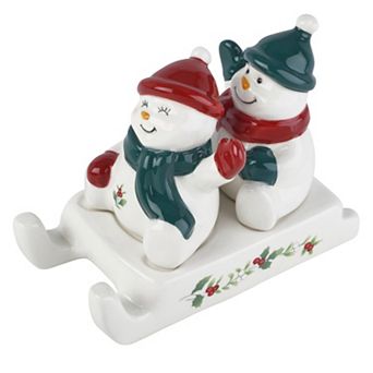 Pfaltzgraff Winterberry 2 pc Snowman Sled Salt & Pepper Shaker Set