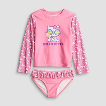 Girls 4-6x Hello Kitty 2 pc Rashguard & Ruffled Swim Bottoms Set