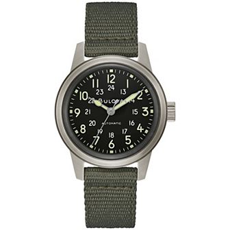 Bulova Men's Military Heritage Automatic Stainless Steel Black NATO Leather Strap Watch - 96A259