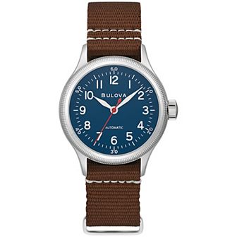 Bulova Men's Military A11 Automatic Stainless Steel Blue Dial Brown Leather Strap Watch - 96A282