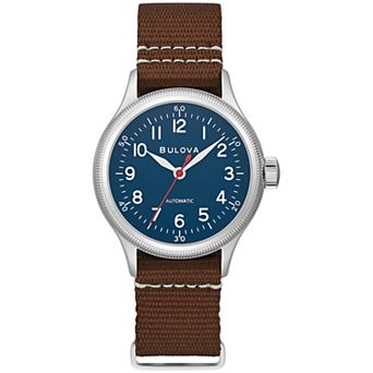 Bulova Men's Military A11 Automatic Stainless Steel Blue Dial Brown Leather Strap Watch - 96A282