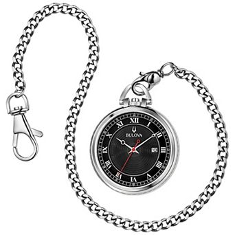 Bulova Men's Classic Stainless Steel Black Dial Pocket Watch with Detachable Chain - 96B308