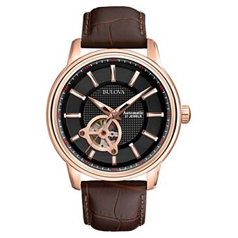 Bulova Men's Classic Automatic Rose Tone Stainless Steel Black Dial Brown Leather Strap Watch - 97A109