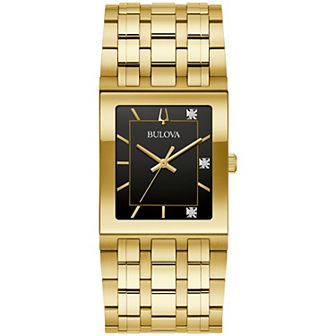 Bulova Men's Marc Anthony Modern Quadra Gold Tone Stainless Steel Diamond Accent Black Dial Bracelet Watch - 97D132