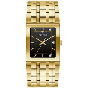 Bulova Men's Marc Anthony Modern Quadra Gold Tone Stainless Steel Diamond Accent Black Dial Bracelet Watch - 97D132