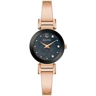 Bulova Women's Marc Anthony Rose Tone Stainless Steel Diamond Accent Mother-of-Pearl Dial Bangle Bracelet Watch - 97P163