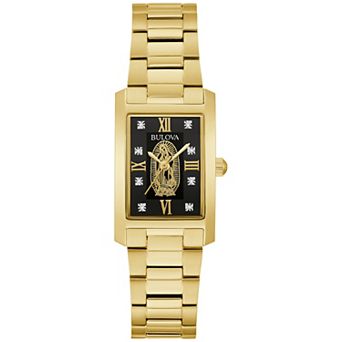 Bulova Women's Our Lady of Guadalupe Rectangular Gold Tone Stainless Steel Diamond Accent Bracelet Watch - 97P169