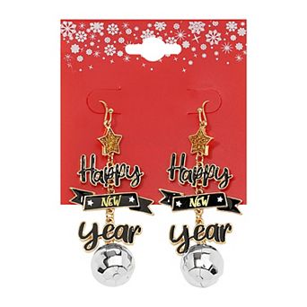 Gold-Tone Happy New Year Drop Earrings