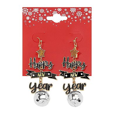 Gold-Tone Happy New Year Drop Earrings
