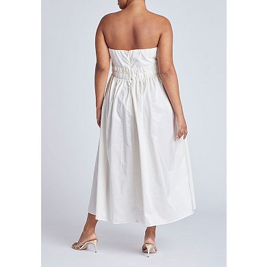 ELOQUII Women's Plus Size Pleated Ruffle Neckline Midi Dress