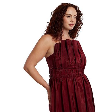 ELOQUII Women's Plus Size Pleated Ruffle Neckline Midi Dress