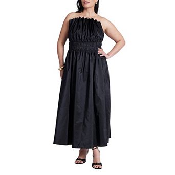 ELOQUII Women's Plus Size Pleated Ruffle Neckline Midi Dress