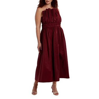 ELOQUII Women's Plus Size Pleated Ruffle Neckline Midi Dress
