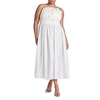 ELOQUII Women's Plus Size Pleated Ruffle Neckline Midi Dress