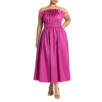 ELOQUII Women's Plus Size Pleated Ruffle Neckline Midi Dress