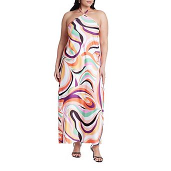 ELOQUII Women's Plus Size Tie Neck Printed Maxi Dress