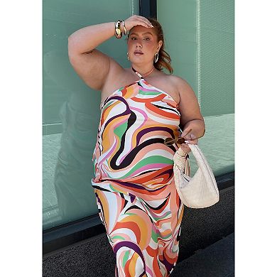 ELOQUII Women's Plus Size Tie Neck Printed Maxi Dress