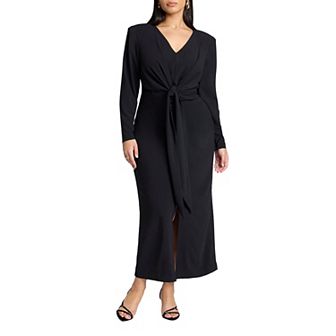 ELOQUII Women's Plus Size Shirred Strong Shoulder Tie Detail Dress