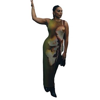 ELOQUII Women's Plus Size Printed Mesh Dress With Shirring