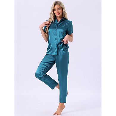 Women's Satin Pajamas Silky Button Down Short Sleeve Lapel Shirt and Pants 2 Pcs Loungewear PJs Sets