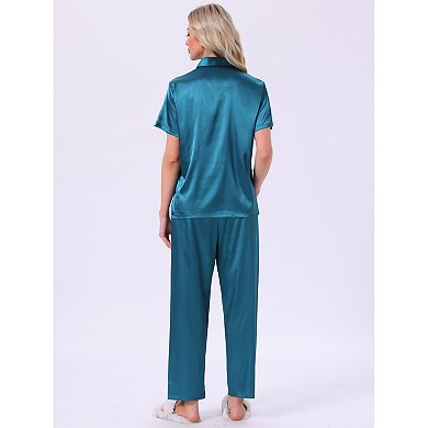 Women's Satin Pajamas Silky Button Down Short Sleeve Lapel Shirt and Pants 2 Pcs Loungewear PJs Sets