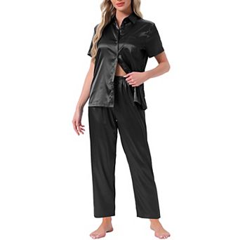 Women's Satin Pajamas Silky Button Down Short Sleeve Lapel Shirt and Pants 2 pc Loungewear PJs Sets