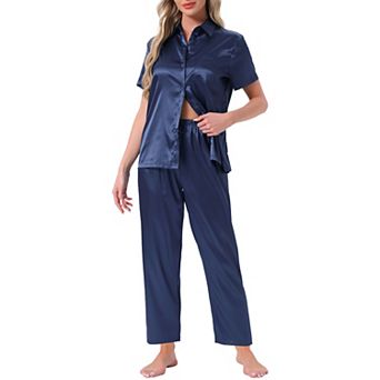 Women's Satin Pajamas Silky Button Down Short Sleeve Lapel Shirt and Pants 2 pc Loungewear PJs Sets