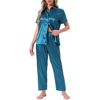 Women's Satin Pajamas Silky Button Down Short Sleeve Lapel Shirt and Pants 2 pc Loungewear PJs Sets