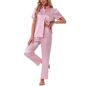 Women's Satin Pajamas Silky Button Down Short Sleeve Lapel Shirt and Pants 2 pc Loungewear PJs Sets