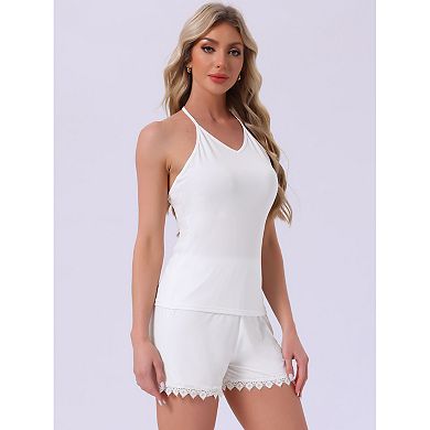 Women's Cami Pajamas Lace Trim V Neck 2 Piece Sleepwear Lingerie Tank Top with Shorts Loungewear Set