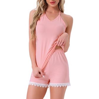 Women's Cami Pajamas Lace Trim V Neck 2 pc Sleepwear Lingerie Tank Top with Shorts Loungewear Set