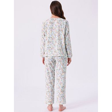 Women's Cotton Pajamas Set Long Sleeve Round Neck Button Down Floral 2 Piece Loungewear with Pocket