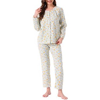 Women's Cotton Pajamas Set Long Sleeve Round Neck Button Down Floral 2 pc Loungewear with Pocket