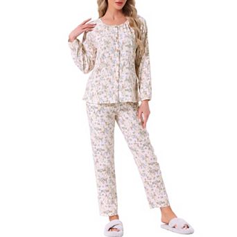Women's Cotton Pajamas Set Long Sleeve Round Neck Button Down Floral 2 pc Loungewear with Pocket