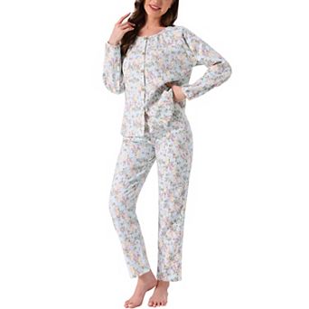 Women's Cotton Pajamas Set Long Sleeve Round Neck Button Down Floral 2 pc Loungewear with Pocket