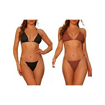 2 Sets Women's Chain Halter Bikini Sets, Ribbed Lace Up Tie Back Triangle Bottoms Swimwear