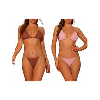 2 Sets Women's Chain Halter Bikini Sets, Ribbed Lace Up Tie Back Triangle Bottoms Swimwear