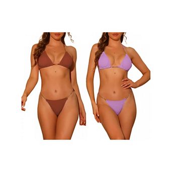 2 Sets Women's Chain Halter Bikini Sets, Ribbed Lace Up Tie Back Triangle Bottoms Swimwear