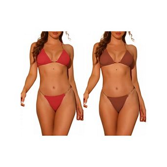 2 Sets Women's Chain Halter Bikini Sets, Ribbed Lace Up Tie Back Triangle Bottoms Swimwear