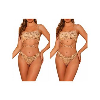 2 Sets Women's Irregular Polka Dots Bandeau Bikini Set, Lace-up Detachable Spaghetti Straps Swimwear