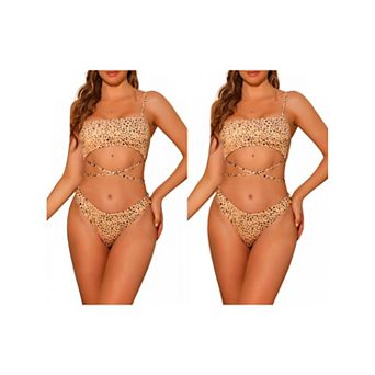 2 Sets Women's Irregular Polka Dots Bandeau Bikini Set, Lace-up Detachable Spaghetti Straps Swimwear