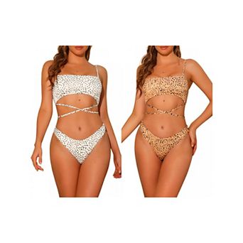 2 Sets Women's Irregular Polka Dots Bandeau Bikini Set, Lace-up Detachable Spaghetti Straps Swimwear