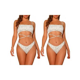 2 Sets Women's Irregular Polka Dots Bandeau Bikini Set, Lace-up Detachable Spaghetti Straps Swimwear
