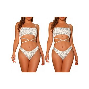 2 Sets Women's Irregular Polka Dots Bandeau Bikini Set, Lace-up Detachable Spaghetti Straps Swimwear