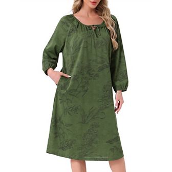 Women's Nightgown Long Sleeve Sleepwear Round Neck Tie Front Loungewear Nightshirt with Pocket
