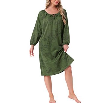 Women's Nightgown Long Sleeve Sleepwear Round Neck Tie Front Loungewear Nightshirt with Pocket