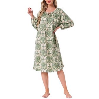 Women's Nightgown Long Sleeve Sleepwear Round Neck Tie Front Loungewear Nightshirt with Pocket